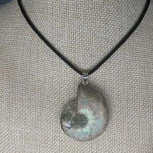 Aura and Copper Wrapped Ammonite Pendant on Black Satin Rope